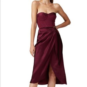 JONATHAN SIMKHAI Satin Corset Bustier Wrap Midi Dress Burgundy Size 10 $795